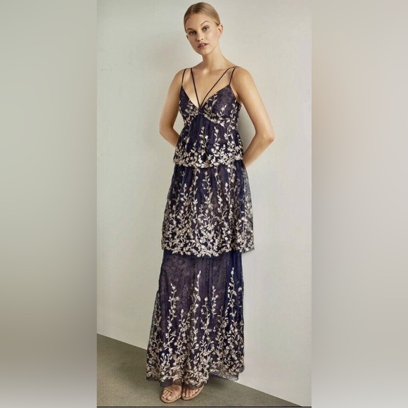 $588 NWT BCBGMAXAZRIA Floral Blooms Metallic Embroidered Ruffle Gown - Picture 3 of 15